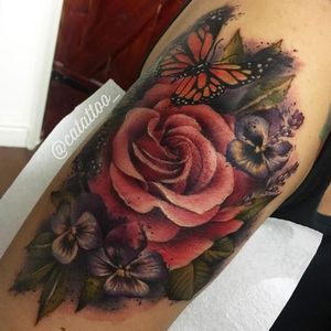 Butterfly rose tattoo by Chloe Aspey #ChloeAspey #butterfly #flower #realistic #watercolour