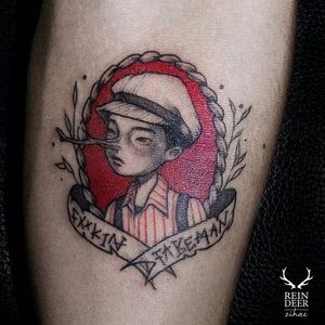 Black and red illustration tattoo by Zihae. #southkorean #southkorea #zihae #blackandred #red #illustrative #pinocchio