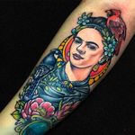 Incredible detail and vibrant colors on this Frida Kahlo tattoo done by Toxic Jan Fresco. #toxic #JanFresco #goodhandtattoo #neotraditional #coloredtattoo #fridakahlo