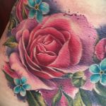 Pink rose tattoo by Chloe Aspey #ChloeAspey #rose #flower #realistic #watercolour
