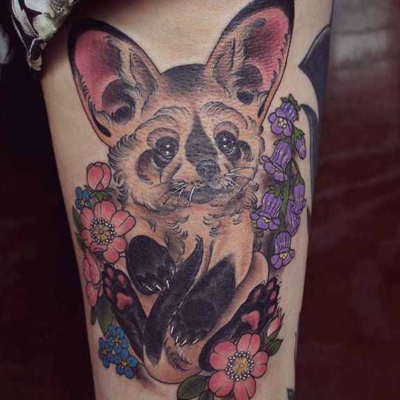 Lexica  Fennec fox curled up sleeping in front of blue roses tattoo