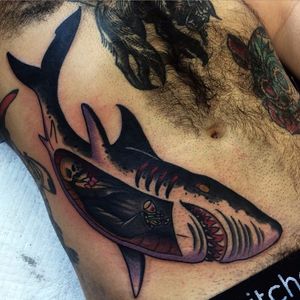 Skeleton Shark Tattoo by Sam Kane #SharkTattoos #SharkTattoo #Shark #SamKaneShark #SamKaneSharkTattoos #CreativeSharkTattoos #AustralianTattooArtists #SamKane
