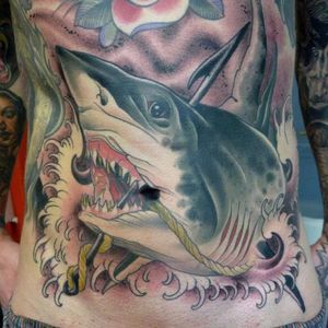 Harpooned Shark Tattoo, Artist Unknown #harpoonedshark #shark #neotraditional #harpoon