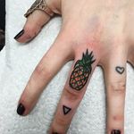 Pineapple finger tattoo by Melissa Kay Carter. #fruit #pineapple #microtattoo #MelissaKayCarter #fingertattoo