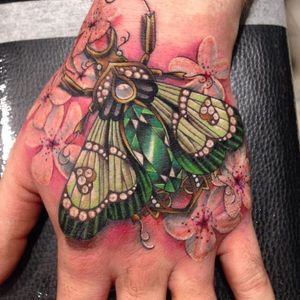 Jewelled tattoo by Amy Autumn #AmyAutumn #beetle #moth #cherryblossom #flower #realism #colour