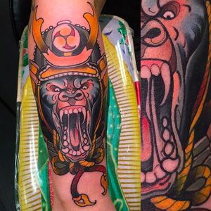 Crazy looking gorilla samurai tattoo by Aaron Riddle. #AaronRiddle #gorilla #samurai #tattoo #neotraditional