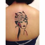 Woman with a panther headdress tattoo by Diki. #Diki #deconstructed #traditional #headdress