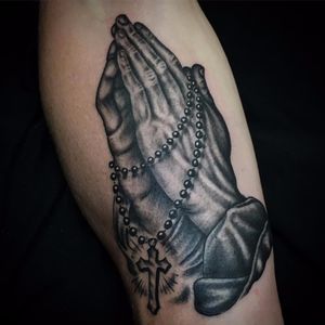 Like a prayer by Gordie Jones #GordieJones #clappers #prayer #hands #rosarybeads #cross #religious #realistic #realism #blackandgrey #tattoooftheday