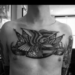 Beautiful classic chest tattoo done by Rich Hardy. #RichHardy #blackwork #traditionaltattoos #classictattoos #americana #eagle #flags #ships