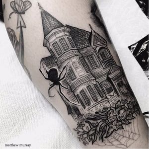 Blackwork house tattoo by Matthew Murray. #MattMurray #blackwork #dark #macabre #blackveilstudio #house