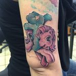 My little pony and a carebear in one beautiful tattoo? Yes please. By Stefanie Mader. #carebear #carebeartattoo #Carebears #mylittlepony #mylittleponytattoo #90stattoo