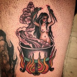 A witch bathing in her own brew by Heather Bailey (IG—cathedraloftears). #cauldron #gothic #HeatherBailey #traditional #witch