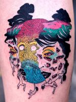 Whats within. Tattoo by Julian Llouve #JulianLlouve #color #linework #illustrative #surreal #cyberpunk #circuitboard #eyes #bodies #rainbow #portrait #ladyhead