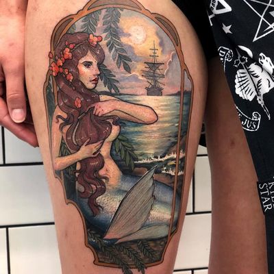 Mermaid tattoo by Hannah Flowers #HannahFlowers #ArtNouveautattoo #color #neotraditional #mermaid #lady #ocean #beach #ship #sky #landscape #flowers #floral #window #nature #clouds #waves