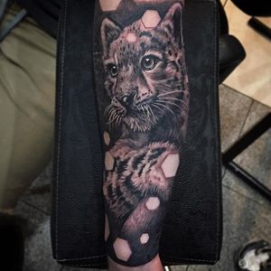 Black and grey leopard cub tattoo by Shane Knapp. #realism #bigcat #blackandgrey #leopard #cub #leopardcub #ShaneKnapp