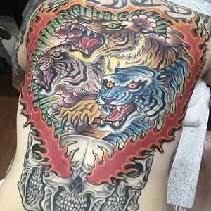 Back-piece by Fredy Ricca #FredyRicca #traditional #tiger #skull #flame #color #tattoooftheday