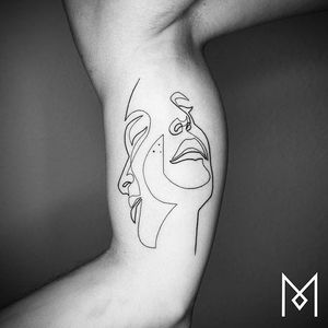 Single line faces tattoo by Mo Ganji. #MoGanji #minimalist #singleline #continuousline #portrait #face #lovers