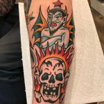 Devil and skull tattoo by Dan Santoro #DanSantoro #demontattoos #color #traditional #demon #devil #satan #hell #wings #horns #star #skull #crossbones #skeleton #death #fire