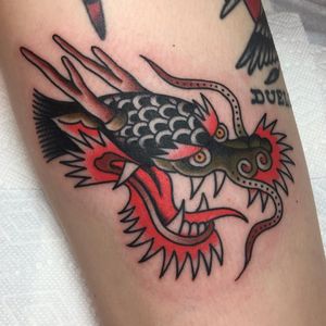 Dragon head tattoo by Andrew Vidakovich #AndrewVidakovich #cooltattoos #color #traditional #dragonhead #dragon #Japanese #mashup #dots #folklore #legend #tattoooftheday