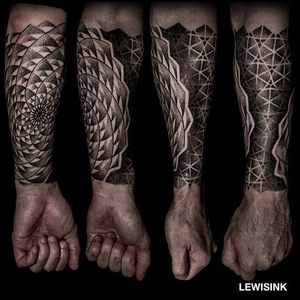 Lewis Ink half-sleeve. (via IG - lewisink) #geometric #blackwork #pointillism #dotwork #halfsleeve #lewisink