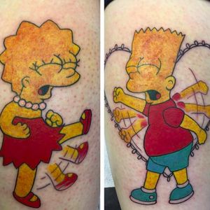 One of the best Bart and Lisa scenes in Simpsons history, preserved in ink on siblings. Tattoos by Cheryl Tash (via IG -- cheryldoestattoos) #siblingtattoo  #CherylTash #Simpsons