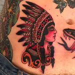 Native American girl head tattoo by Zach Nelligan. #ZachNelligan #MainStayTattoo #traditionaltattoo #classic #nativeamericangirl #girlhead