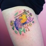 Stellaluna? Is that you? Tattoo by Charline Bataille #charlinebataille #cutetattoos #color #illustrative #watercolor #bat #animal #wings #orange #flowers #floral #stars #cute
