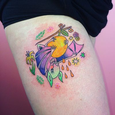 Stellaluna? Is that you? Tattoo by Charline Bataille #charlinebataille #cutetattoos #color #illustrative #watercolor #bat #animal #wings #orange #flowers #floral #stars #cute