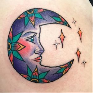 Flower moon tattoo by Stephanie Melbourne #StephanieMelbourne #neotraditional #colour #moon #stars