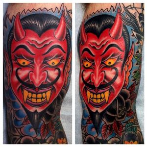Vibrant demon head tattoo done by Jason Brooks. #JasonBrooks #GreatWaveTattoo #boldtattoos #TraditionalTattoo #demon #devilhead