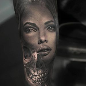 Skull girl tattoo by Alexander D. West #AlexanderDWest #blackandgrey #realistic #3D #portrait #skull #lady
