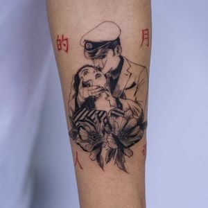 Suehiro Maruo tattoo by Oozy #Oozy #Japanesetattoos #SuehiroMaruo #blackwork #linework #fineline #anime #manga #redink #darkart #flowers #man #woman #tie #death #murder #tattoooftheday