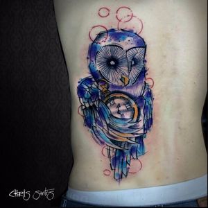 Coruja de Chris Santos. #ChrisSantos #aquarela #watercolor #coruja #owl #relogio #clock #tatuadoresdobrasil #DiaDoTatuador