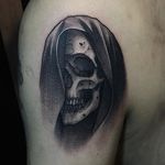 Skull tattoo by Swan. #Swan #SwanTattooer #neotraditional #neotrad #blackandgrey #grimreaper #skull