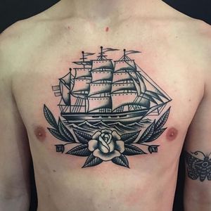 Ship tattoo combined with a rose via @christianlanouette #ChristianLanouette #ship #rose #blackwork