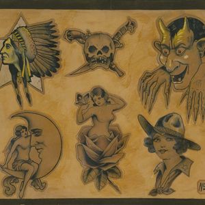 Bob Wicks (1902–1990) Flash sheet # 36, ca. 1930 Pen and watercolor on art board Collection of Ohio Tattoo Museum (Courtesy NYHS)