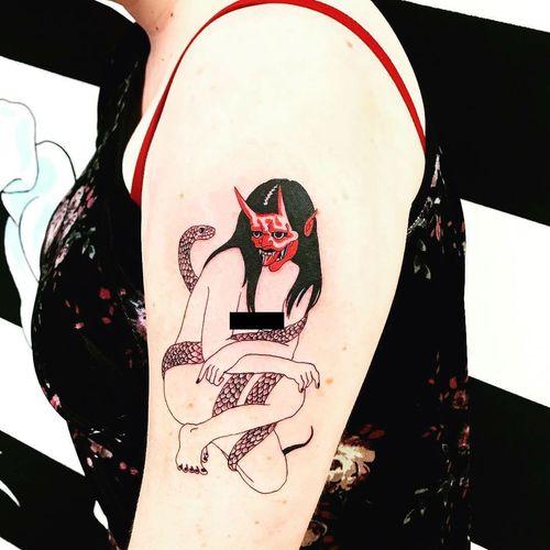 Hannya Girl tattoo by Tina Lugo #TinaLugo #linework #redink #Hannya #hannyamask #girl #lady #snake #demon #yokai