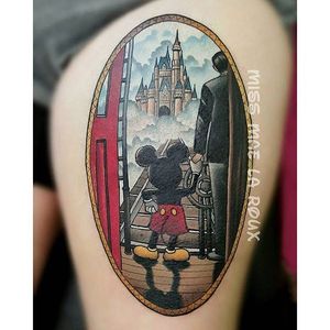 Disneyland tattoo by Miss Mae La Roux. #disney #disneyland #castle #waltdisney #mickeymouse