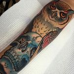 Neo traditional owl and skull by Sam Clark. #neotraditional #owl #bird #skull #SamClark