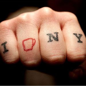 A photo by Ashley Gilbertson of Sam Penix's awesome coffee-themed NYC knuckle tattoo. #coffee #copyright #EverymanExpresso #knuckles #ILoveNewYork #SamPenix