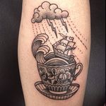 Storm in a teacup tattoo by Susanne König. #storminateacup #storm #ship #teacup #tea #cup #wave #blackwork #susannekonig