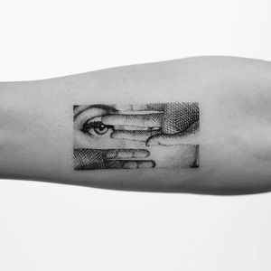 Fornasetti Eye tattooed by Mr. K via Instagram. #eye #tinytattoo #microtattoo #stippling #crosshatch