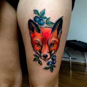 Fox and berry tattoo by Jagood #Jagood #JagoodTattoo #watercolor #warsaw #polishartist #fox #animal #berries #nature #sketch
