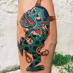 Hannya and frog tattoo by Liam Alvy #liamalvy #neotraditional #oldschool #traditional #animal #thefamilybusiness #london #frog #hannya