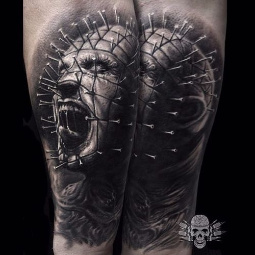 Pinhead Tattoo by Javier Antunez @Tattooedtheory #JavierAntunez #Tattooedtheory #Blackandgrey #Realistic #Pinhead #Portrait