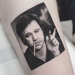 Bill Hicks box tattoo by Charley Gerardin. #CharleyGerardin #box #portrait #contemporary #pointillism #blackwork #dotwork #handpoke #billhicks #comedian