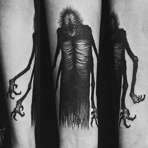 Shadow creature tattoo by Sergei Titukh. #SergeiTitukh #blackwork #creepy #nightmare #creature #spooky #dark