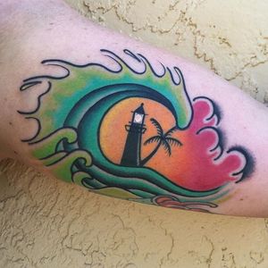 Lighthouse Tattoo by Nick Stambaugh #lighthouse #lighthousetattoo #traditonal #traditionaltattoo #brighttattoos #neon #neontattoo #colorful #quirky #creativetattoos #NickStambaugh