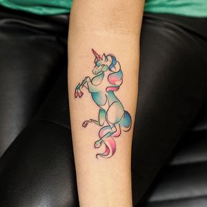 Soft and precise unicorn watercolor illustration tattoo by Georgia Grey. #illustrative #sketchy #watercolor #GeorgiaGrey #unicorn #pastel