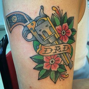 Six Shooter Tattoo by Chris Erickson #SixShooter #SixShooterTattoos #RevolverTattoos #Revolver #Guntattoo #WesternTattoo #WildWest #Cowboy #CowboyTattoo #Dad #Dadtattoo #ChrisErickson